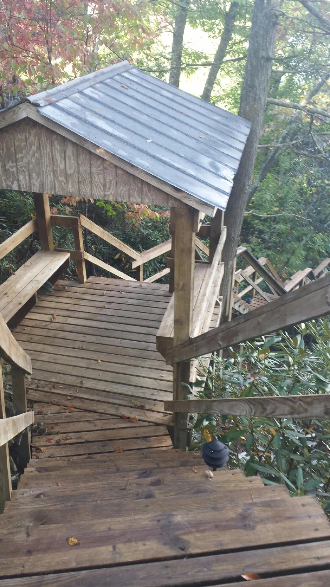 Metal roofed shelter over wooden steps on a wooded walkway — Skylight Repair & Installation work by our crew in Sweet